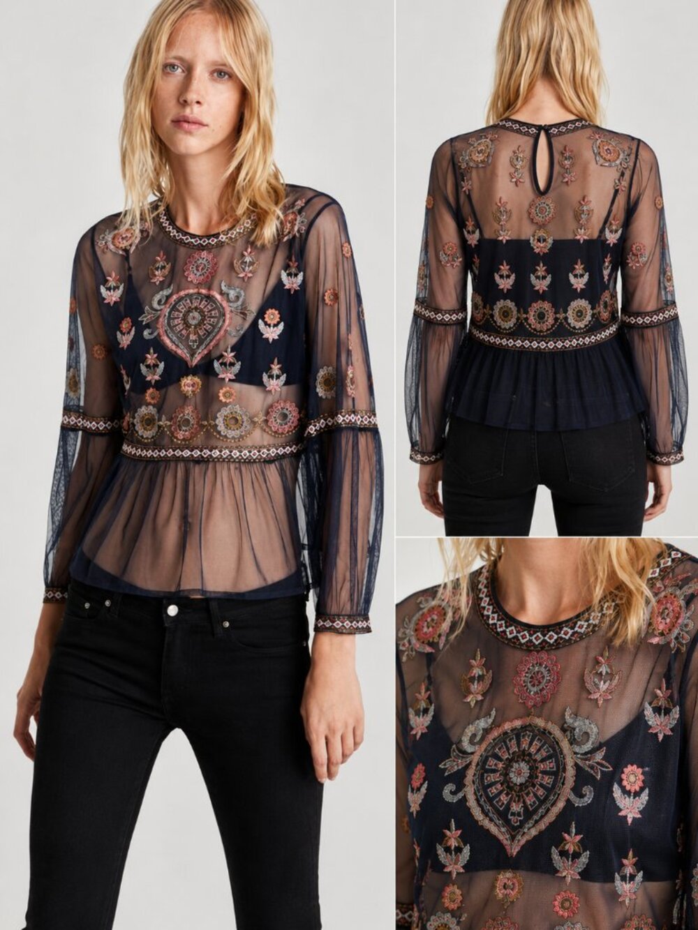 Zara Embroidered Mesh Peplum Blouse Sheer Boho Top Size M